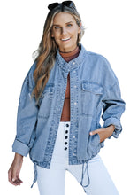 Load image into Gallery viewer, Sky Blue Roll-Up Tab Sleeve Button Down Pocket Denim Jacket | Outerwear/Denim jackets
