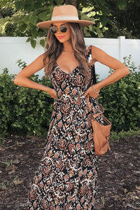 Black Boho Retro Printed Spaghetti Strap V Neck Maxi Dress | Dresses/Maxi Dresses