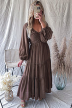 Load image into Gallery viewer, Maxi Dress | Brown V Neck Bow-Knot Cutout Frill Dress
