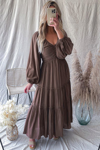 Maxi Dress | Brown V Neck Bow-Knot Cutout Frill Dress