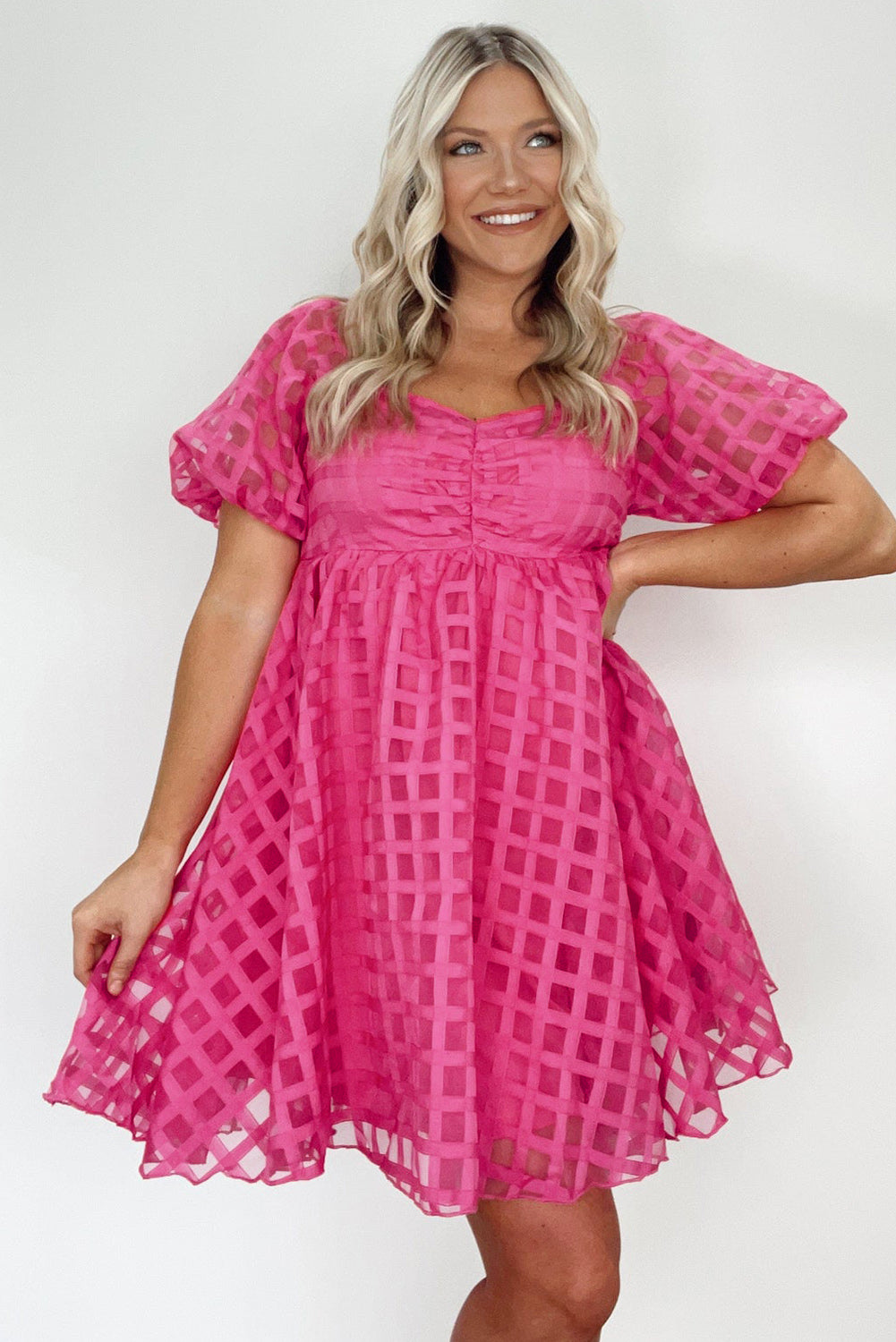 Strawberry Pink Checkered Puff Sleeve Babydoll Dress | Dresses/Mini Dresses