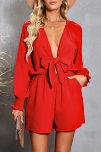 Fiery Red Tie Knot Puff Long Sleeve Romper | Bottoms/Jumpsuits & Rompers