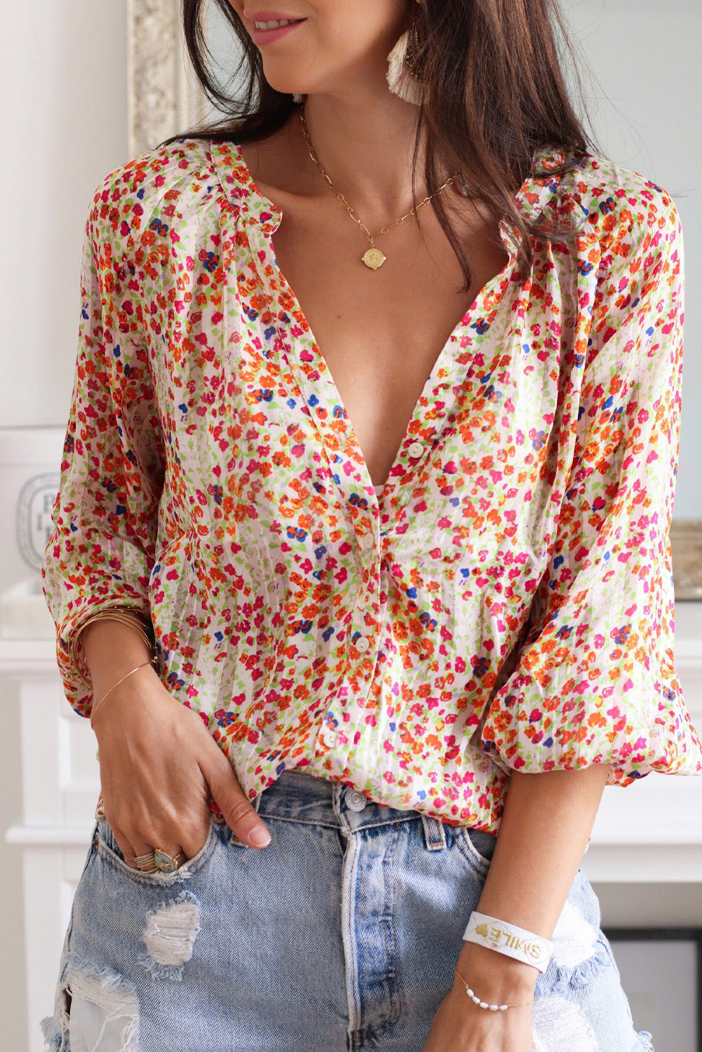 Multicolor Boho Floral Print Button Front Shirt | Tops/Blouses & Shirts