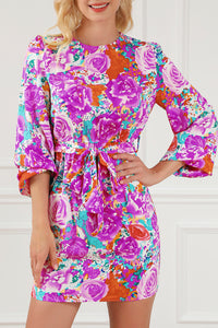 Mini Dress | Purple Floral Keyhole Back Long Sleeve Belted