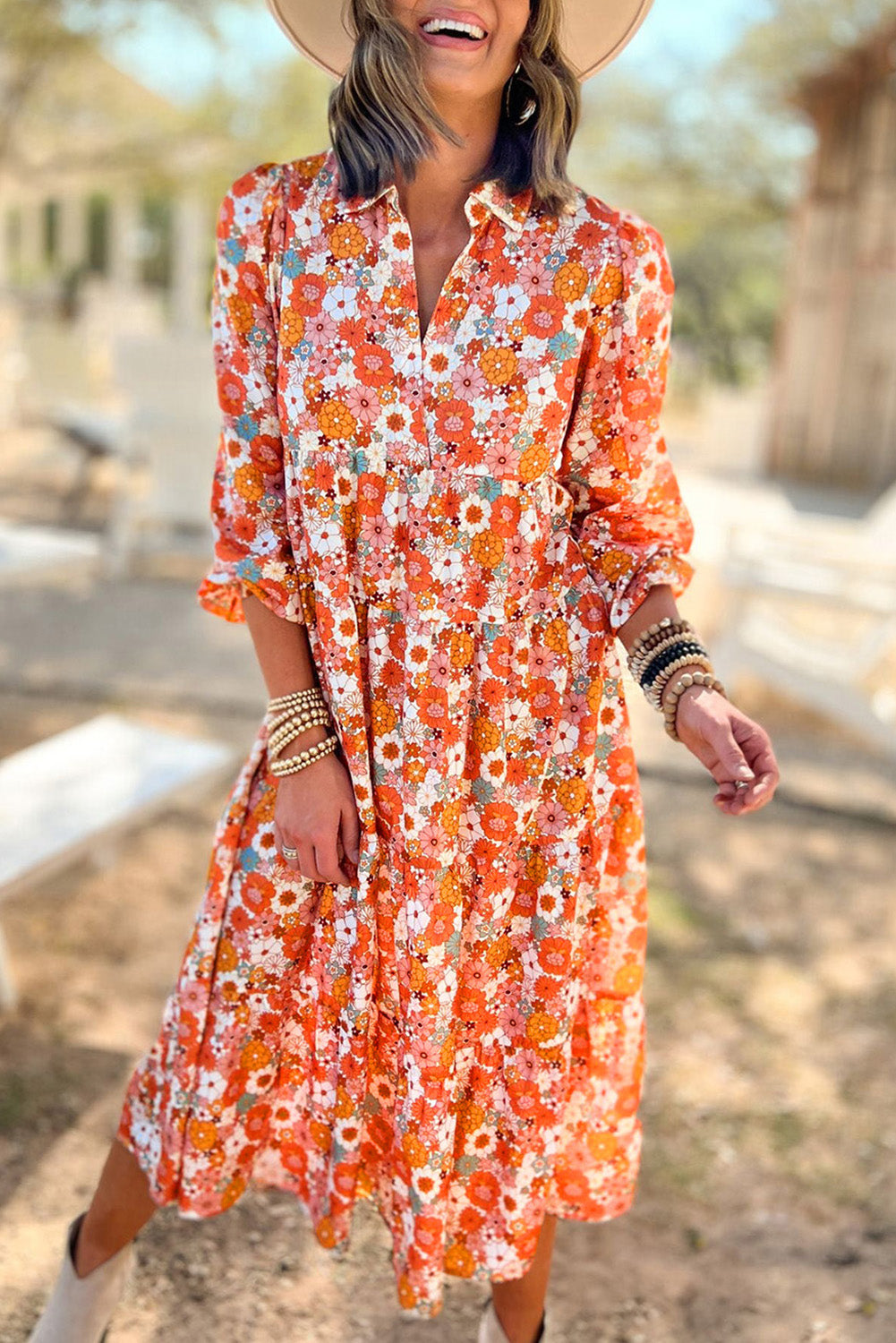 Multicolor Boho Floral Collared Long Sleeve Ruffled Dress | Dresses/Floral Dresses