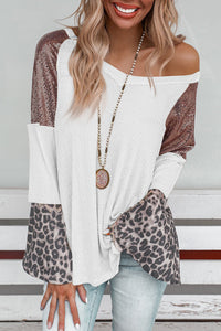 White Sequin Patchwork Bell Sleeve V Neck Tunic Top | Tops/Long Sleeve Tops