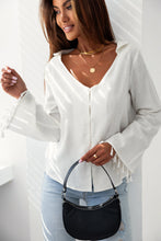 Load image into Gallery viewer, White V Neck Buttoned Tassel Bell Sleeve Shirt | Tops/Blouses &amp; Shirts
