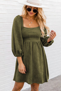 Jungle Green Suede Square Neck Puff Sleeve Dress