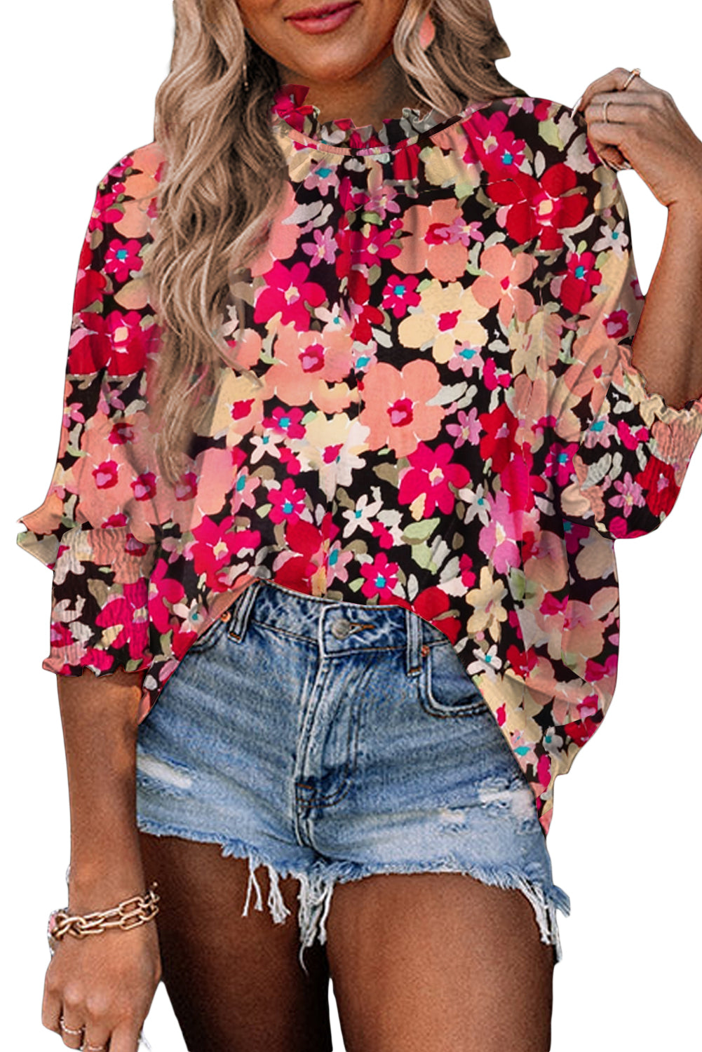 Rose Printed Frilled Neck Shirred Bracelet Sleeve Floral Blouse | Tops/Blouses & Shirts