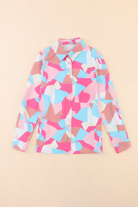 Pink Geometric Block Printed Roll Tab Sleeve Shirt | Tops/Blouses & Shirts