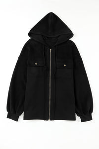 Black Flap Pocket Drawstring Hood Zip Up Jacket | Outerwear/Jackets