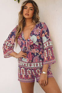 Women Romper | Purple Vintage Printed 3/4 Sleeves V Neck Romper | Bottoms/Jumpsuits & Rompers