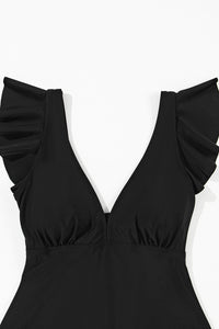 Black Sexy V Neck Ruffle Sleeve Tankini Top | Swimwear/Swim Tops