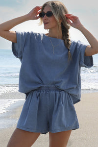 Blue Denim Shorts Set | Cuffed Sleeve Tee Elastic Shorts Set