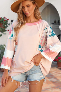 Pink Printed Pinstriped Color Block Patchwork Oversized Top | Tops/Long Sleeve Tops