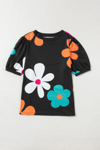 Black Flower Print Bubble Sleeve Tee | Tops/Tops & Tees