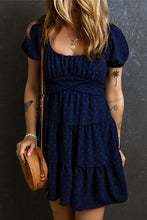 Load image into Gallery viewer, Puff Sleeve Dress | Navy Blue Swiss Dot Crossover Tiered Dress
