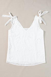 V Neck Tank Top | White Embroidery Patterned Knotted Straps