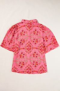 Rose Red Floral Print Wide Short Sleeve Loose Shirt | Tops/Blouses & Shirts