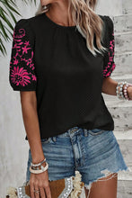 Load image into Gallery viewer, Puff Sleeve Top | Black Floral Embroidered Textured
