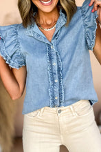 Load image into Gallery viewer, Beau Blue Button Front Ruffled Flutter Frayed Denim Top | Tops/Tops &amp; Tees
