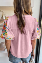 Load image into Gallery viewer, Pink Floral Embroidered Puff Sleeve Split Neck Blouse | Tops/Blouses &amp; Shirts
