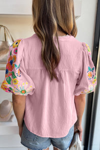 Pink Floral Embroidered Puff Sleeve Split Neck Blouse | Tops/Blouses & Shirts