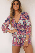 Load image into Gallery viewer, Women Romper | Purple Vintage Printed 3/4 Sleeves V Neck Romper | Bottoms/Jumpsuits &amp; Rompers
