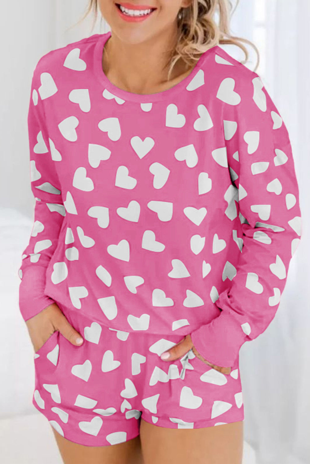 Pink Valentine Heart Shape Print Long Sleeve Top Shorts Lounge Set | Loungewear & Sleepwear/Loungewear