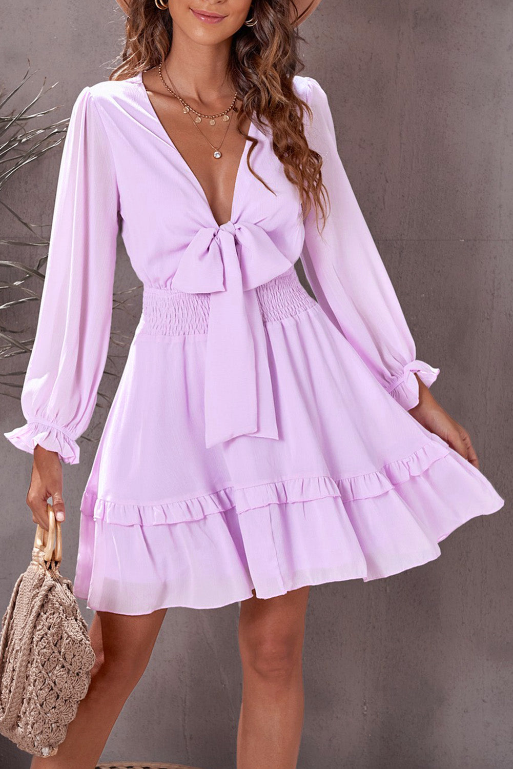 Deep V Neck Lantern Sleeve Knotted Tiered Mini Dress | Dresses/Mini Dresses