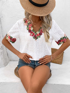 Women's Blouse-Eyelet Embroidered V-Neck Short Sleeve Blouse | Tops/Blouses & Shirts