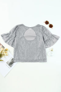 Gray Ruffled Sleeves Sequin Blouse | Tops/Blouses & Shirts