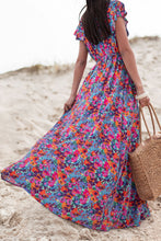 Load image into Gallery viewer, Blue Floral Print V Neck Wrap Split Maxi Dress | Dresses/Floral Dresses
