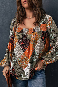 Green Square Neck Mixed Print Blouse | Tops/Blouses & Shirts