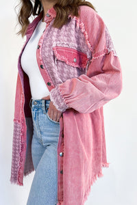 Pink Denim Jacket | Retro Distressed Patchwork Denim Jacket