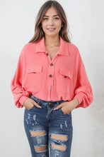 Load image into Gallery viewer, Pink Corded Flap Pocket Henley Top | Tops/Long Sleeve Tops
