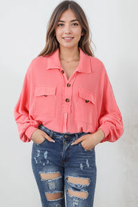 Pink Corded Flap Pocket Henley Top | Tops/Long Sleeve Tops