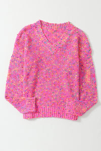 Dark Pink Colorful Spots Knitted V Neck Casual Sweater | Tops/Sweaters & Cardigans