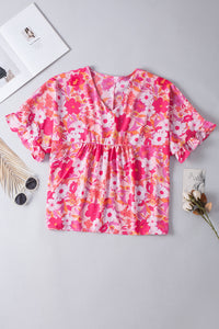 Rose Floral Print Ruffled Half Sleeve Plus Size Babydoll Blouse | Plus Size/Plus Size Tops/Plus Size Blouses & Shirts