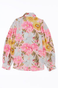 Pink All Floral Puff Sleeve Collared Shirt | Tops/Blouses & Shirts