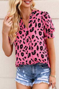 Pink Leopard Notch Neck Bubble Sleeve Blouse | Tops/Blouses & Shirts