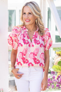 Pink Split Neck Ruffled Puff Sleeves Floral Top | Tops/Tops & Tees