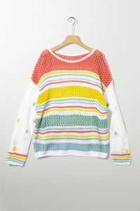 Multicolor Hollow Striped Knit Contrast Sleeve Sweater | Tops/Sweaters & Cardigans