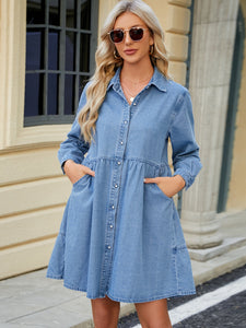 Tiered Button Up Denim Dress