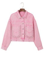 Load image into Gallery viewer, Womens Denim Jacket | Pink Rivet Studded Pocketed Denim Jacket | Outerwear/Denim jackets
