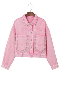 Womens Denim Jacket | Pink Rivet Studded Pocketed Denim Jacket | Outerwear/Denim jackets