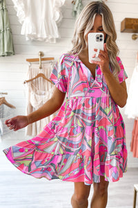 Pink Abstract Geometric Print Tassel Tie Flared Dress | Dresses/Mini Dresses