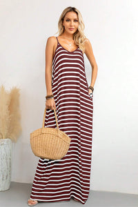 Maxi Dress | Red Stripe Side Pockets Spaghetti Straps Dress