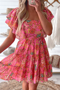 Pink Floral Square Neck Ruffle Sleeve Tiered Dress | Dresses/Floral Dresses