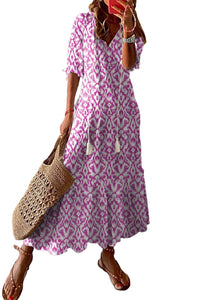 Pink V Neck Casual Geometric Print Maxi Dress | Dresses/Maxi Dresses